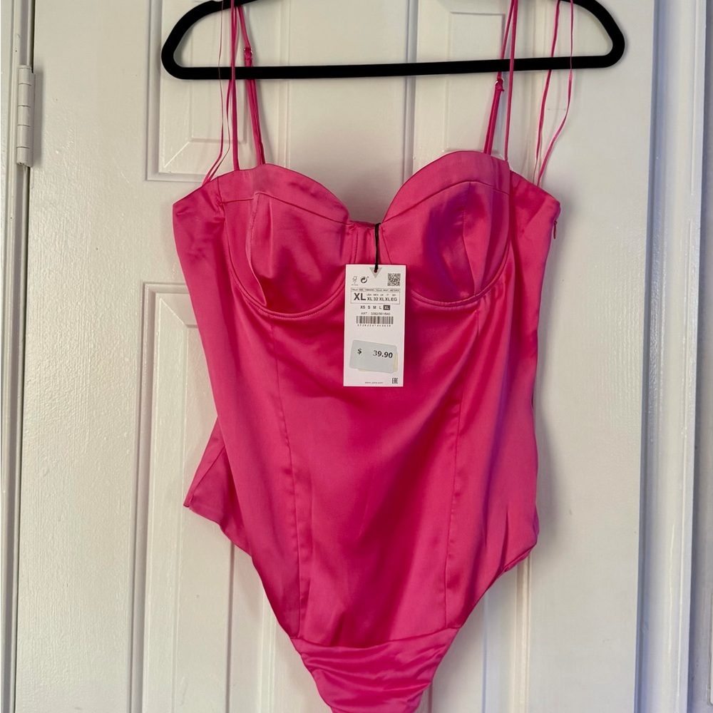 Zara Bright Pink Satin-Feel Bustier Bodysuit